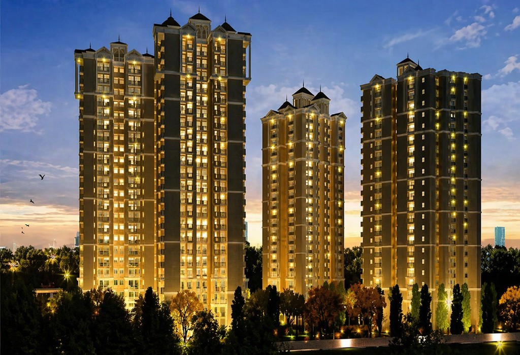 Anugraham — luxury residential towers at dusk, Indirapuram, Ghaziabad